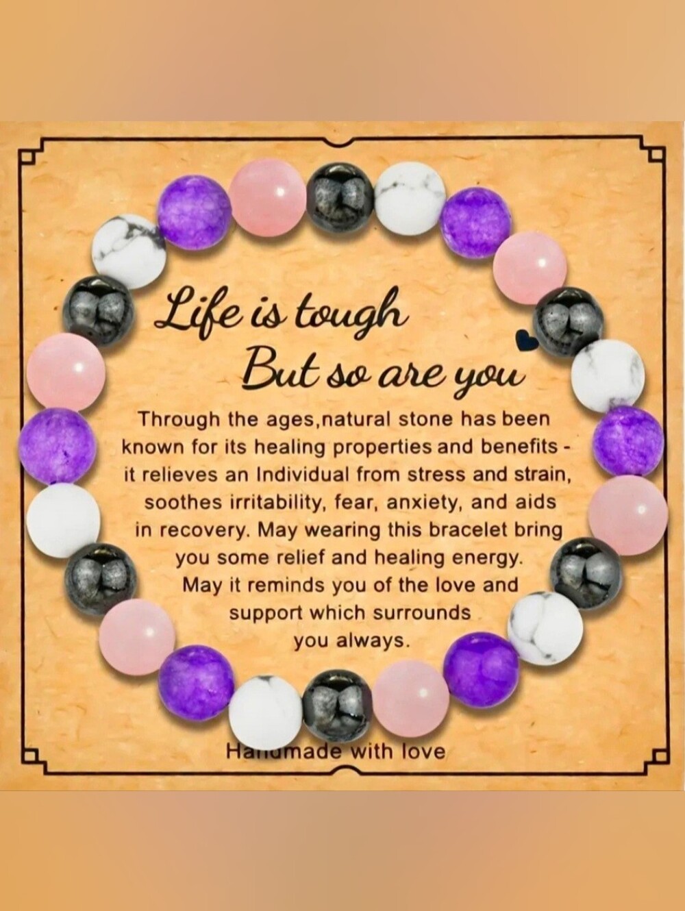 Natural Stone Beaded Bracelet in Purple, Pink, White & Black